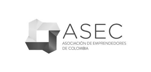 Logotipo de ASEC en versión monocromática gris, compuesto por un isotipo geométrico cuadrado entrelazado y el texto ASEC Asociación de Emprendedores de Colombia.