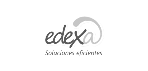 Logotipo oficial de la marca Edexa en versión monocromática gris, con tipografía manuscrita y el eslogan Soluciones eficientes en la parte inferior.