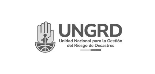 Logotipo oficial de la UNGRD en versión monocromática gris, compuesto por un isotipo de una mano abierta protegiendo a una persona y el texto Unidad Nacional para la Gestión del Riesgo de Desastres.