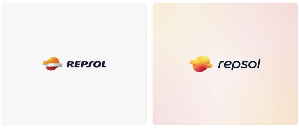 Dos paneles adyacentes muestran el logotipo de Repsol. El panel izquierdo tiene un fondo blanco y presenta el logotipo con su símbolo tridimensional y la palabra 'REPSOL' en mayúsculas negritas. El panel derecho tiene un fondo degradado melocotón y muestra el nuevo logotipo, que presenta un símbolo tridimensional actualizado y la palabra 'repsol' en minúsculas redondeadas.