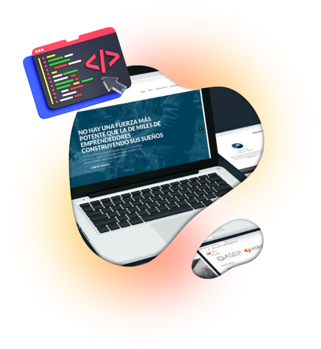 Mockup de una computadora portátil mostrando el diseño de un sitio web, enmarcado en una silueta orgánica con un icono 3D de líneas de código.